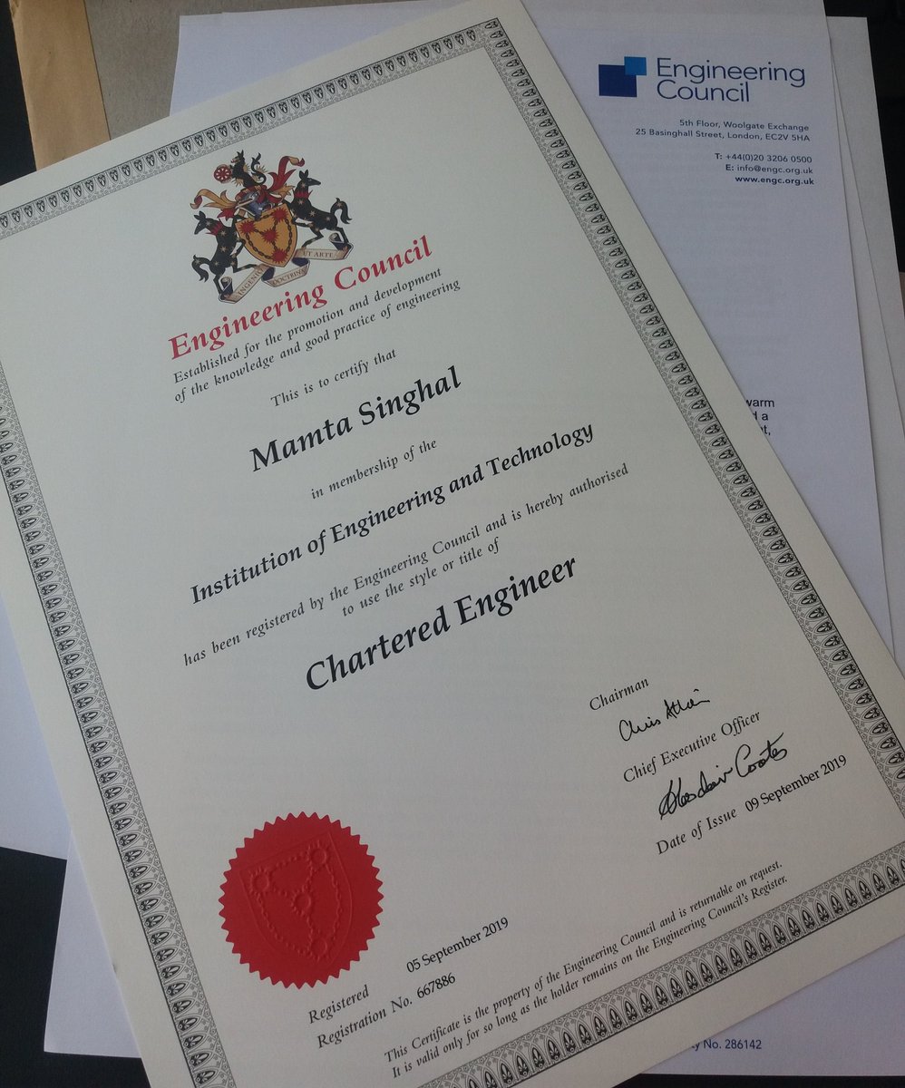 mamtasinghal2's tweet image. Yesterday this came in the post That evening I was at @TheIET so thought I&apos;d pose for a pic
 Thank you to @GlennAtkinsIET, @AFBE_UK, @dawnbonfield &amp;amp; others for your encouragement.

⭐Thrilled to be a C.Eng. ⭐

@StrathEng @WESCentenary
 #EngineeringRecognition  #chartered #IETYWE