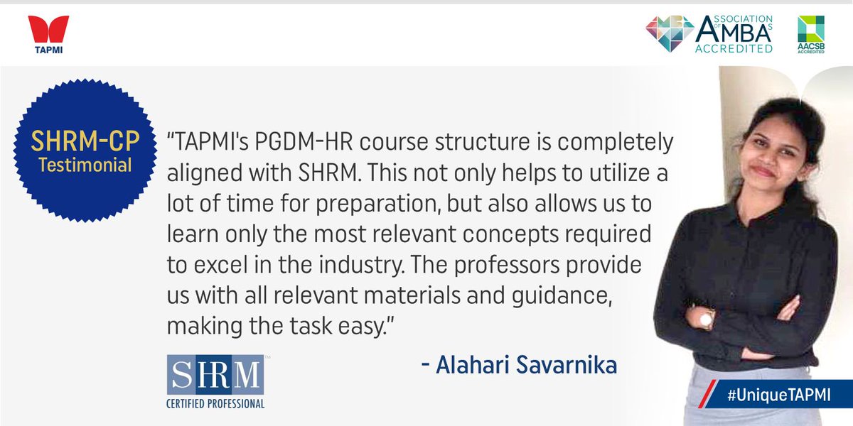 MyTAPMI's tweet photo. TAPMI in collaboration with SHRM India trains students to take the SHRM Certified Professionals (SHRM CP) Global Certification, the most coveted HRM certification for HRM professionals. #UniqueTAPMI #SHRM #SHRMCP https://t.co/hlDGDfRXmS