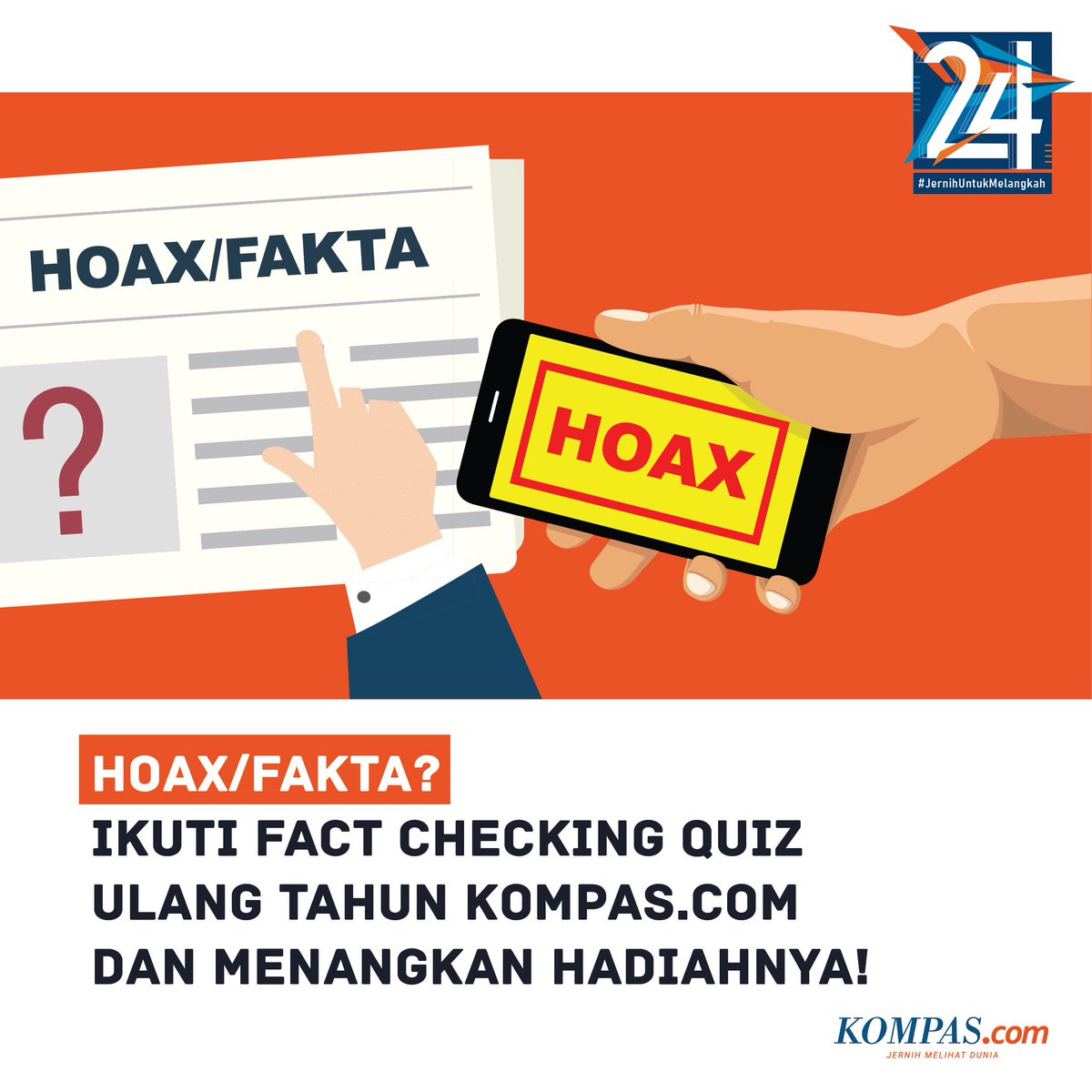 kompascom's tweet photo. Ikuti Fact Checking Quiz ulang tahun https://t.co/4VOOkFiGyW dan menangkan hadiahnya!
#JernihUntukMelangkah #kompascom24 https://t.co/LhWhm77SMa