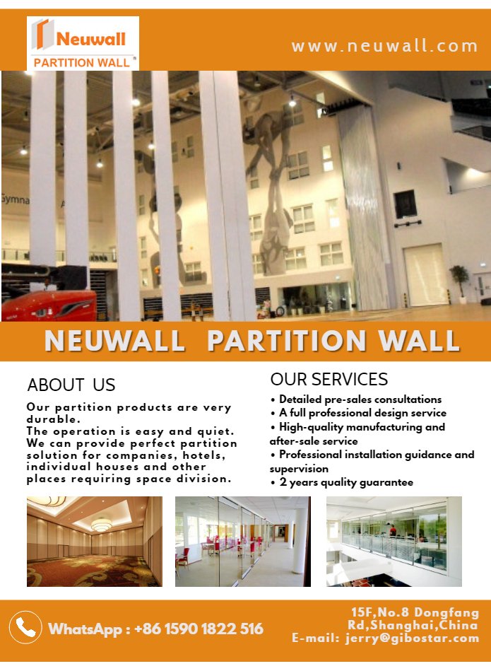 Neuwalls's tweet image. We are One of the best Partition Wall Manufacturer with best production of decorative building materials that are both energy efficient and environmental friendly.
To install make a call at: +86 1590 1822 516(whatsApp).
#MovablePartitionWall  #NeuwallPartitionWall #China