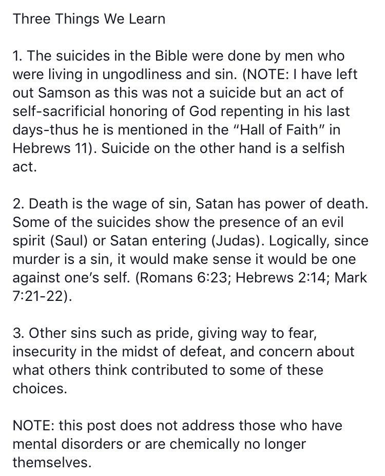 “The suicides in the Bible were done by men who were living in ungodliness and sin.”

- Mike Patterson, Six suicides in the Bible and three things we learn from them. 

#ILoveMyChurchICC