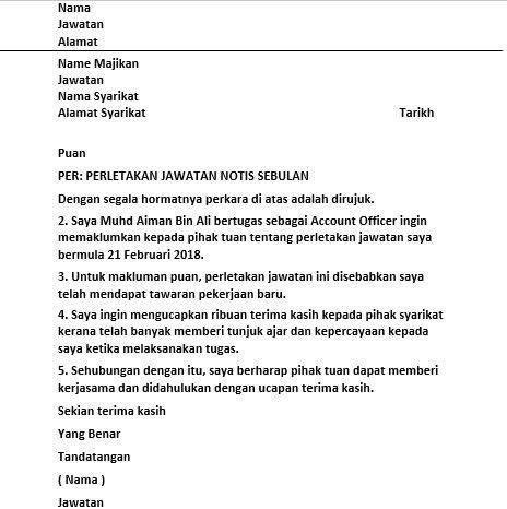 Contoh Surat: Contoh Surat Berhenti Kerja Notis Sebulan 