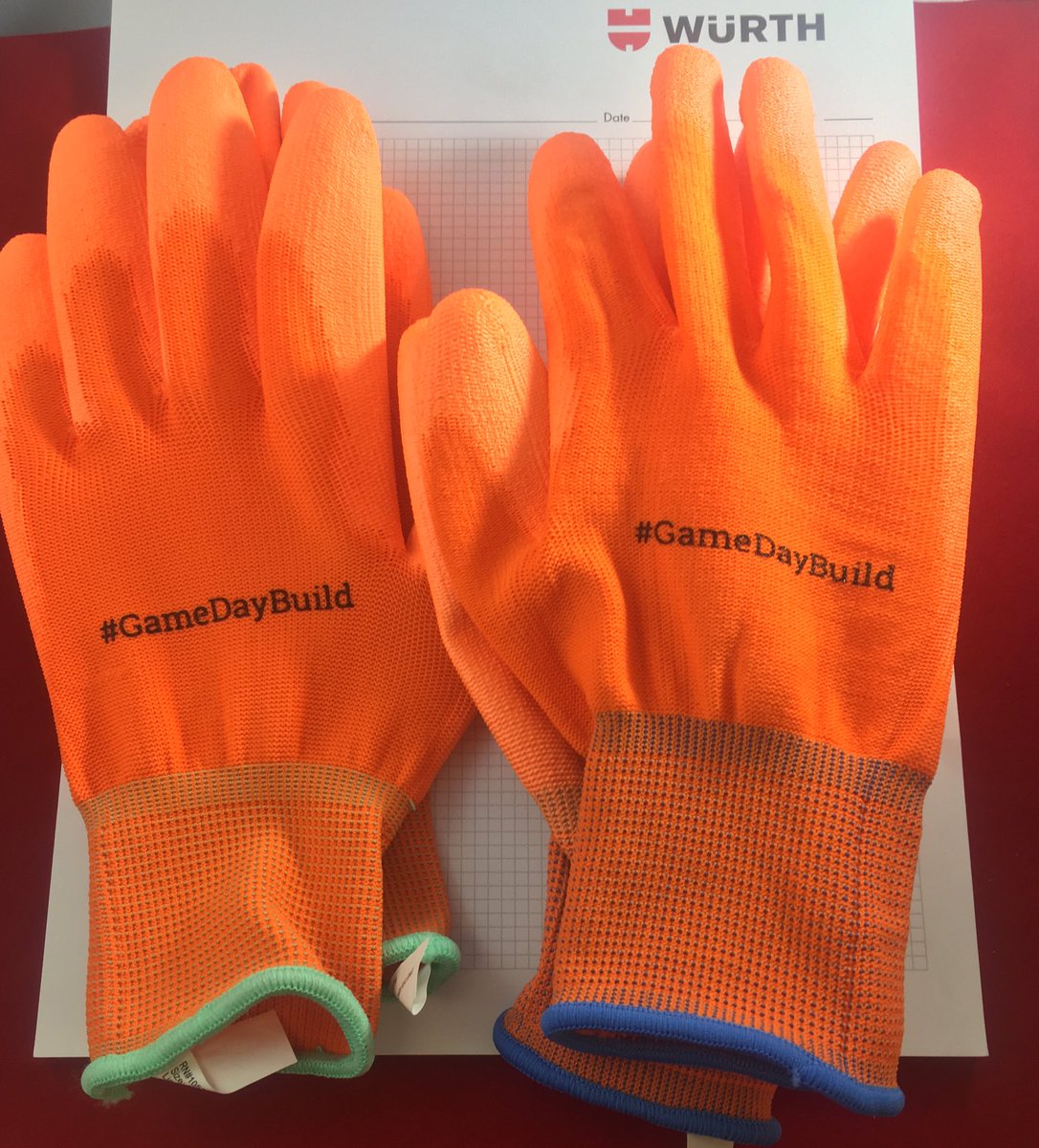 P_breitbach's tweet photo. Custom printed work gloves are in for the @SukupMfg #SafeTHome #GameDayBuild! Make sure to stop by to learn more about this innovative humanitarian effort at the #CyHawk game just southeast of the @CollegeGameDay site. We even made them in @HomeDepotFound orange 😉 https://t.co/hLffII6i5d
