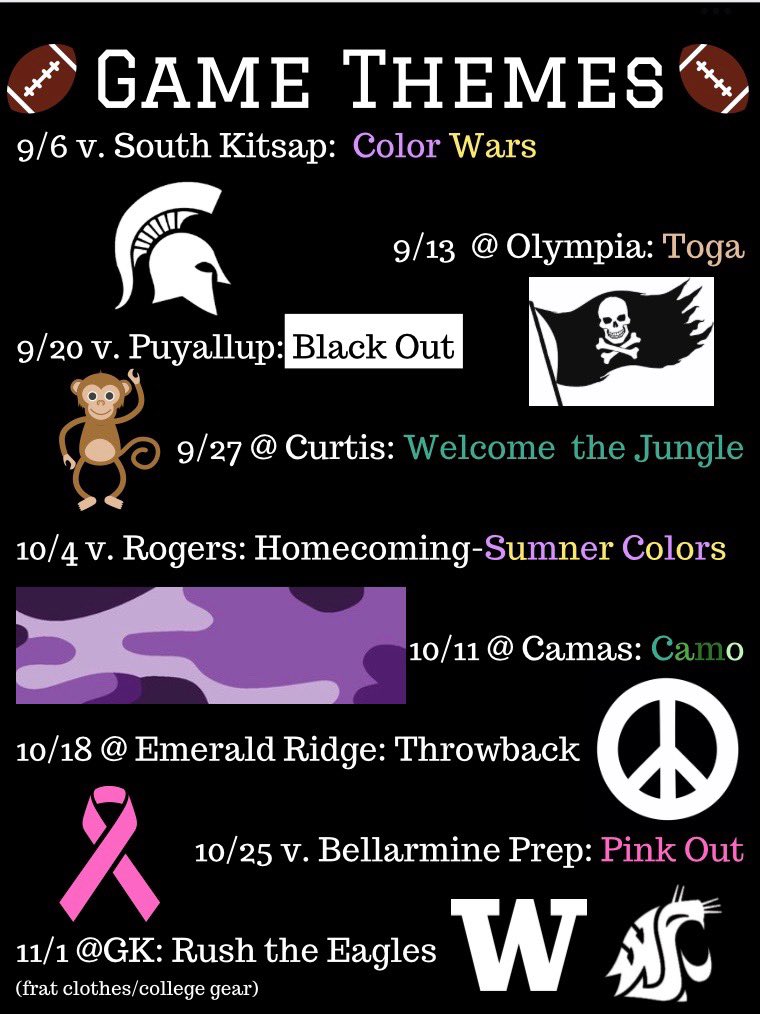 SumnerFootball's tweet photo. Hey Spartan Fans. Here is our game Themes For the Season. We need everybody!! #MassInMotion https://t.co/oZPhxF2vrl