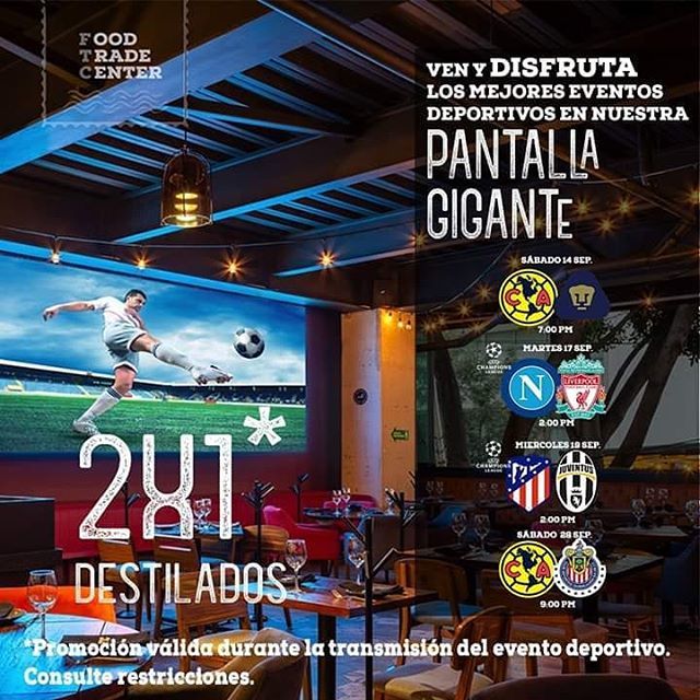 Vive la emoción del fútbol en PANTALLA GIGANTE. Estas son las transmisiones que tendremos en septiembre y disfruta del 2x1 en destilados #ftc #foodtradecenter ift.tt/32DZPiE