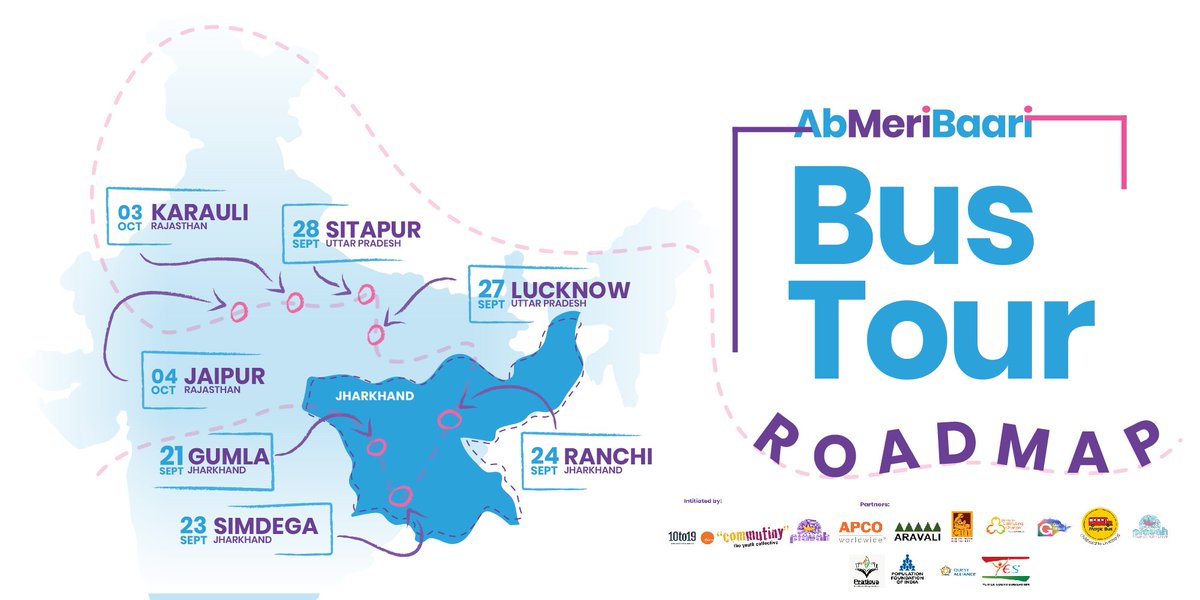 YouthCommutiny's tweet photo. This is how our bus will be moving forward for 3 weeks from 17th September to 4th October 2019.
Stay tuned and be the part of this experiential learning bus tour with us virtually. We will be sharing our learnings from each state.
#AbMeriBaari #BusTour2019 #5thSpace https://t.co/KV5Mc4m1ie