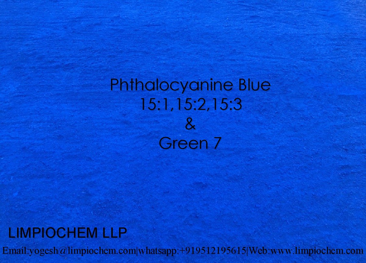 Limpiochem's tweet photo. #colorpigments
#PHTHALOCYANINE
#color,#important,#pigments,#chemical & #heatstability, #coating, #manufacture, #chemistry #Limpiochemllp #exporter #CPCBlue #Pigment15:0 #BluePigment15:2 #AlphaBlue15:3 Blue #Betablue #Green Pigment. #exporting #exporter #suppliers #distributor https://t.co/L8fi9Sa91X
