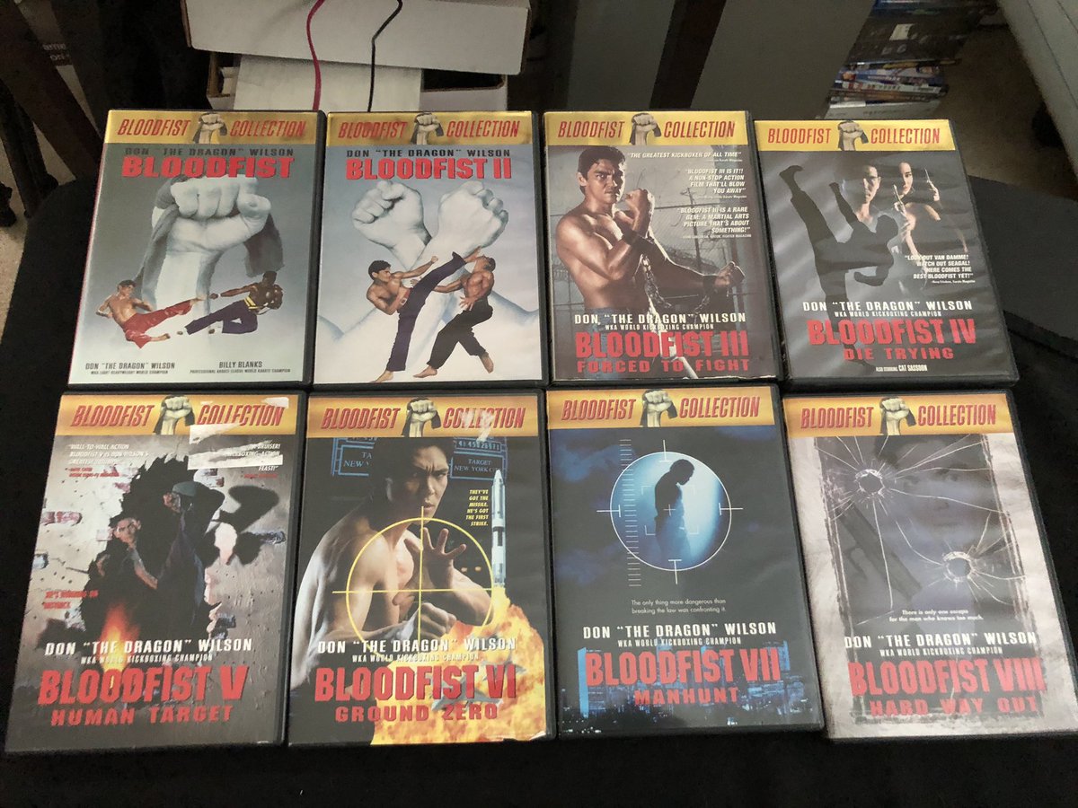 Finally completed my @ddragonw Bloodfist series collection. (Except for  Bloodfist 2050, but Don isn't in it so it doesn't count) Can't wait to dive  back into this series for an episode of, image size:1200x900