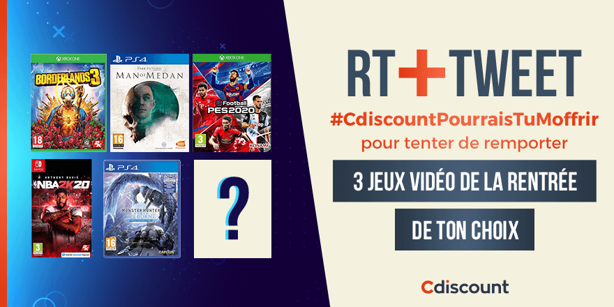 Cdiscount's tweet photo. 🎁 #Concours
Le #Vendredi13 vous portera-t-il chance ?

Tweetez avec #CdiscountPourraisTuMoffrir les 3 jeux vidéo de la rentrée de votre choix pour peut-être les remporter !

En manque d'inspiration ? ➡ https://t.co/yHlf3se1OJ

⏲ TAS le 16/09
Règlement : https://t.co/aKulZSzins https://t.co/75qt2Qr3vB