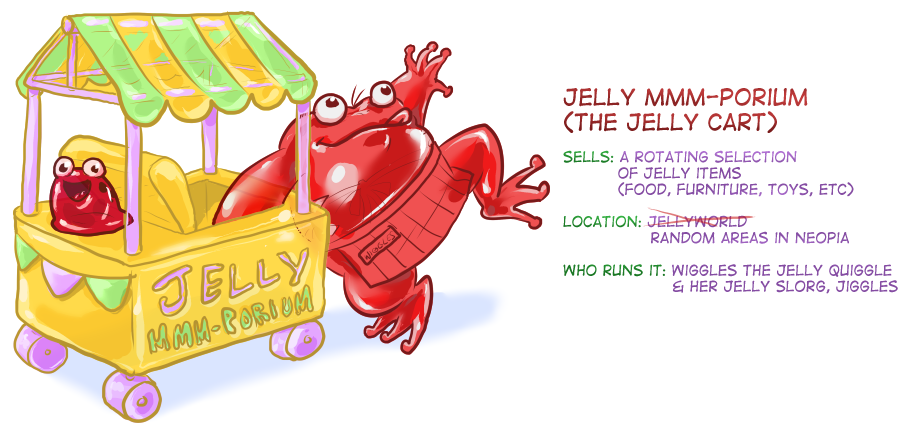 YenDraws's tweet photo. Meet Wiggles and Jiggles and their Jelly Cart! They appear in random areas in Neopia, with a variety of jelly themed wares to sell. #MyNeoShop #NeoCreation19 #NeoCreationWeek @Neopets https://t.co/bnYhsjlz2E