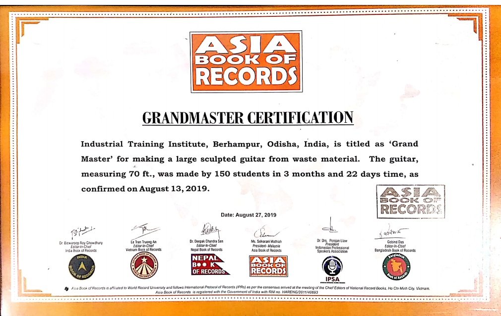 ITI BERHAMPUR on X: Asia Book of Records Grandmaster Certification..   / X