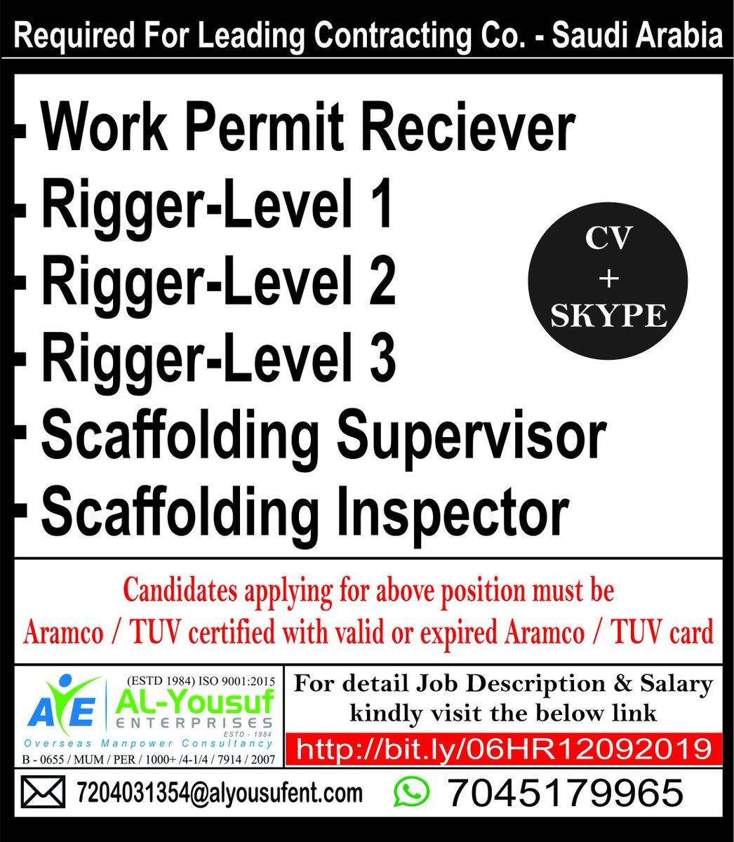 alyousufjobs's tweet photo. HR06 #Required For Leading #Contracting_Co. #Saudi_Arabia
 
Interested apply to email - 7204031354@alyousufent.com
WhatsApp - 7045179965

#AlYousufGulfJobs #Hiring #Manpower #Gulf #UAE #Kuwait #Oman #Bahrain #Qatar #Europe #JobsinGulf #PMOIndia #MEAIndia #ANI #NEWSANDNRI https://t.co/aTPLZ7jjMi