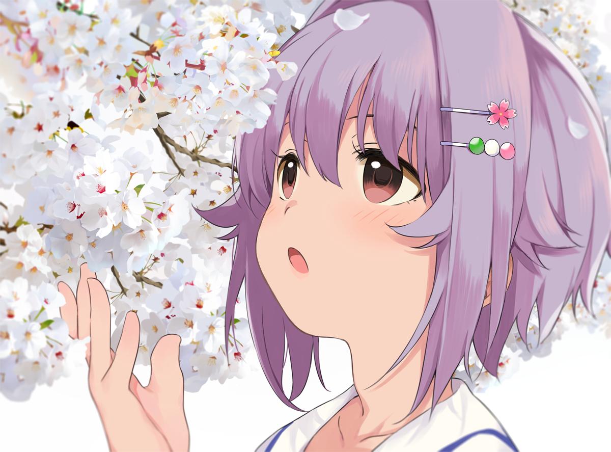 koshimizu sachiko 1girl solo hair ornament short hair hairclip cherry blossoms purple hair  illustration images