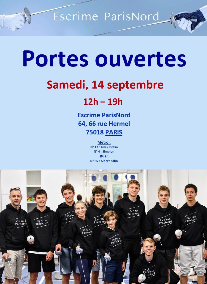 EscrimeNord's tweet photo. #September 14th is Open House @ #EscrimeParisNord! All welcome to visit the new #fencingclub btw 12H-19H in #paris18. EPN #team will be onsite to give tour and Q&A.
#fencing #escrime #fleuret #fencingcoach #fencinglessons #ffescrime #rentrรฉe #septembre #mairie18paris @ffescrime https://t.co/5cdz4QhaDQ