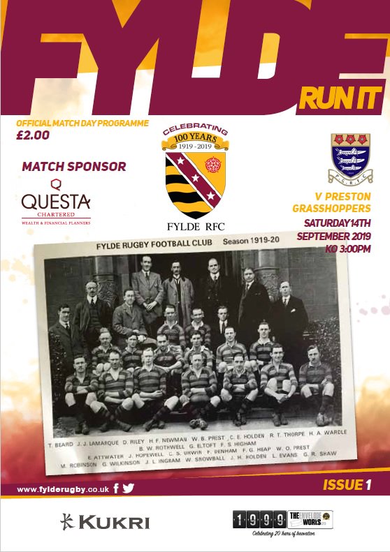 #Fylde make 1 change in starting lineup v <a href="/RugbyHoppers/">Preston Grasshoppers</a>, with <a href="/BenVernon7/">BEN</a> at 7. Carleton; Botha, Wilkinson, Rawlings, Grimes; Smith, Lanigan; Horner, Gregory, Lewis, Ashcroft, Conner, Chapman, Vernon,  Fairbrother. Wild, Loney, Parkinson, O’Ryan, Brookes. Cover star is 1919 team!