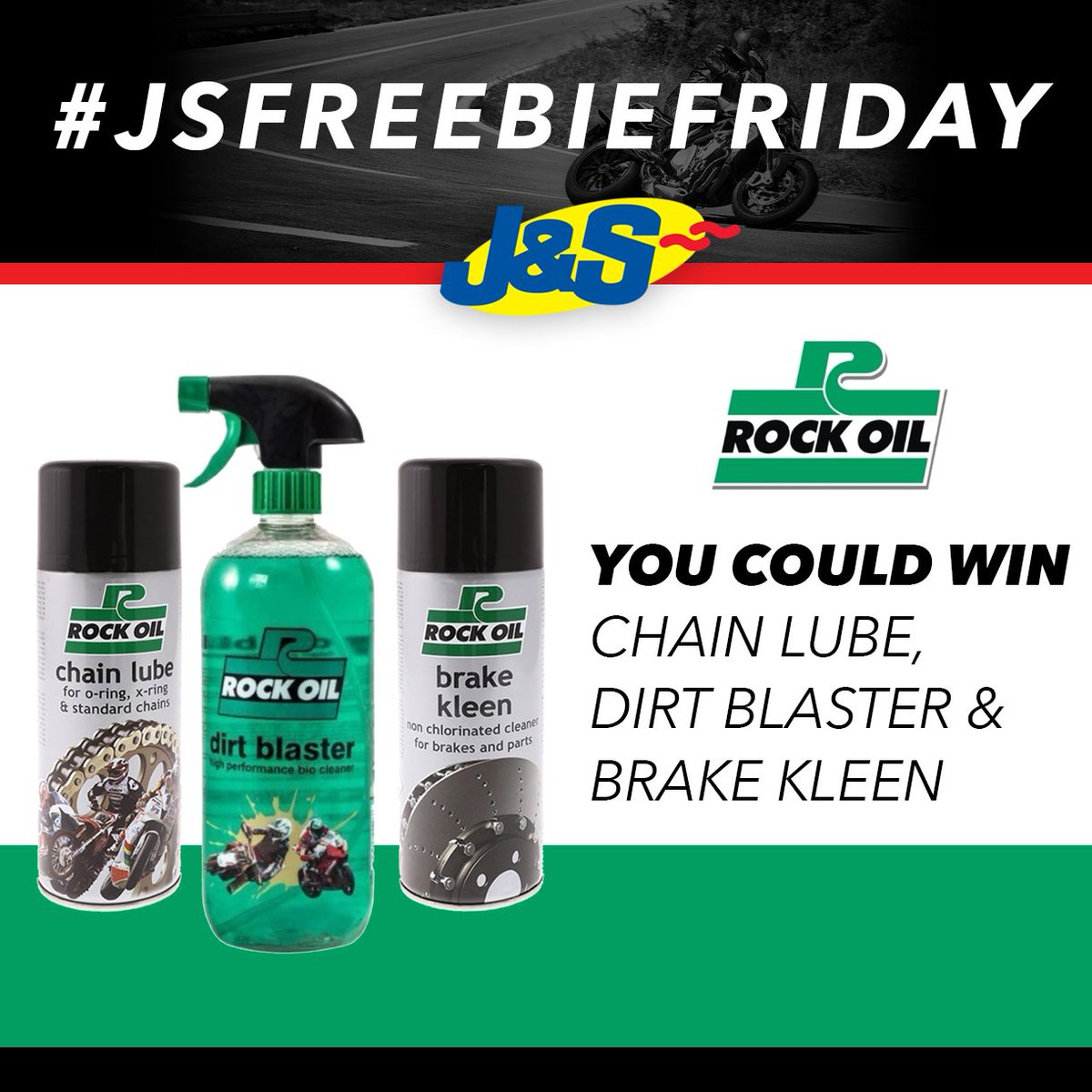 js_accessories's tweet photo. #JSFREEBIEFRIDAY #FREEBIEFRIDAY #Win #Competition Follow us on #Twitter and #retweet this post for a chance to win Rock Oil Chain Lube, Dirt Blaster and Brake Kleen! You can also enter on #Instagram and #Facebook - competition closes on Tuesday September 17th #RockOil https://t.co/NSbBQ8IAFF