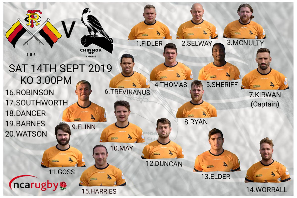 The @ChinnorRugby side to play <a href="/RichmondFC1861/">Richmond Rugby</a> in R2 of @nca_rugby <a href="/national1_rugby/">National 1 Rugby</a>.
 <a href="/joshmcnultyx/">Josh McNulty</a> Willie Ryan &amp; Craig Duncan come into the starting line up. 

⏱️ 3.00pm
📍TW9 2SF

#protectthenest #chinnorrugby