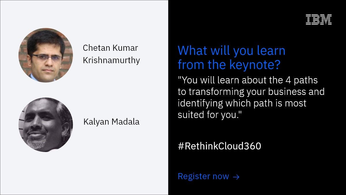 namrata_kapur's tweet photo. What are the challenges & opportunities enterprises face when embarking on their #digitaltransformation journey? IBM’s @chetanmurthy2 & Kalyan M. set the stage for the #RethinkCloud360 event #keynote #IBMCloud #IBMServices https://t.co/mLGfg2VzaT https://t.co/LP7ebAdWgv