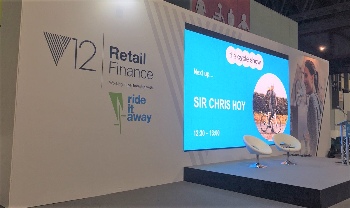 We are very excited Sir Chris Hoy is about to take to the <a href="/V12Finance/">V12 Retail Finance</a> stage today @cycleshow. There is a big crowd already waiting.
#cycleshow2019