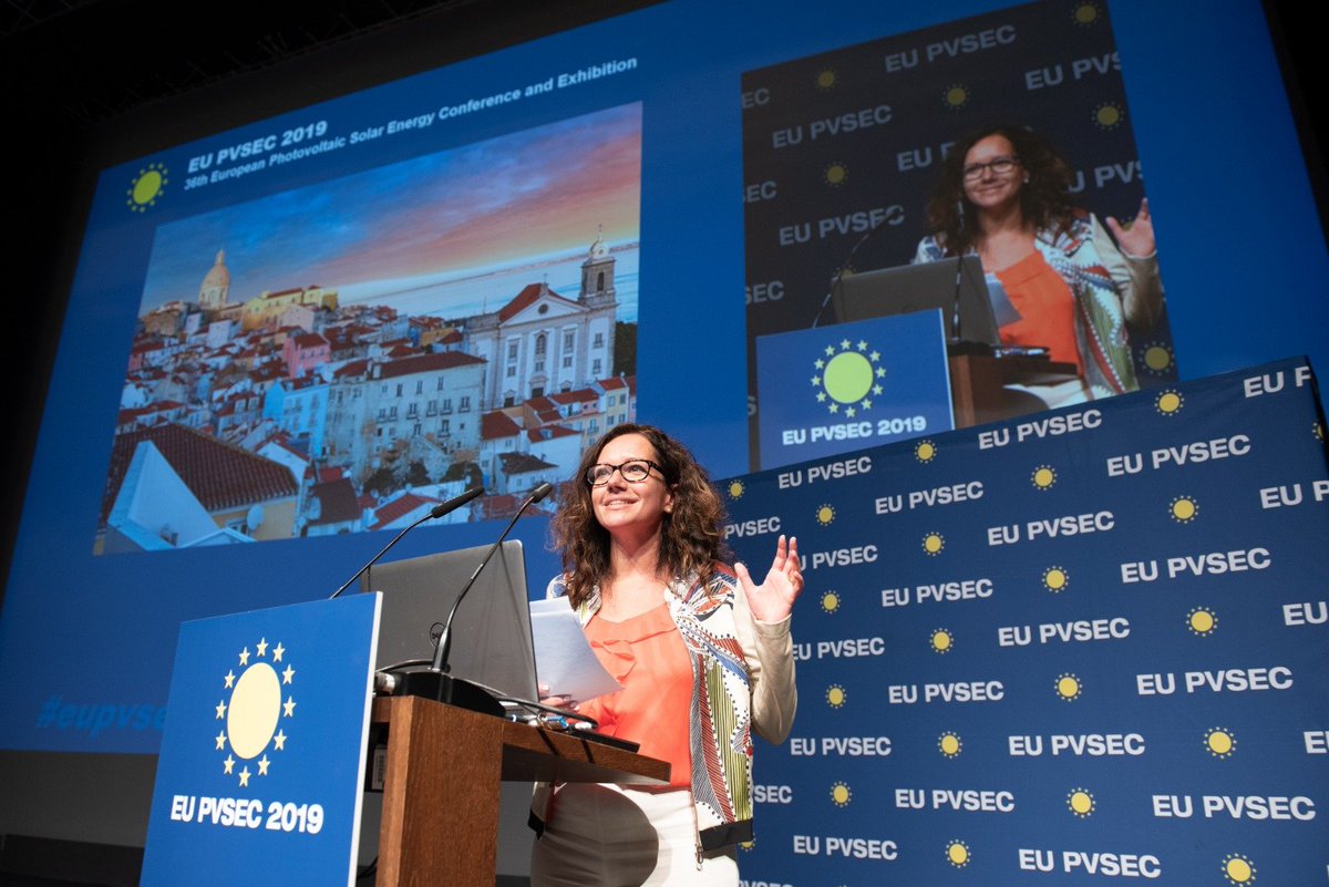 EUPVSEC's tweet photo. What do we take home from the #EUPVSEC? Florence Lambert, EU PVSEC 2019 General Chair, @CEA_Liten, closing this year's edition and annoncing next year's EUPVSEC 2020 to be held in Lisboa, Portugal from 7 to 11 September! https://t.co/TxjZoxyBpQ