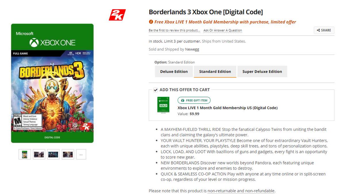 Wario64 Borderlands 3 Xbo Digital W Free 1 Month Xbl Gold Code At Newegg Standard Deluxe Super Deluxe Edition T Co Eiz24xfq15 T Co P5k9tlcaw6 Wario64 Borderlands 3 Xbo Digital W Free 1 Month Xbl Gold Code At Newegg Standard Deluxe Super Deluxe Edition T Co Eiz24xfq15 T Co P5k9tlcaw6