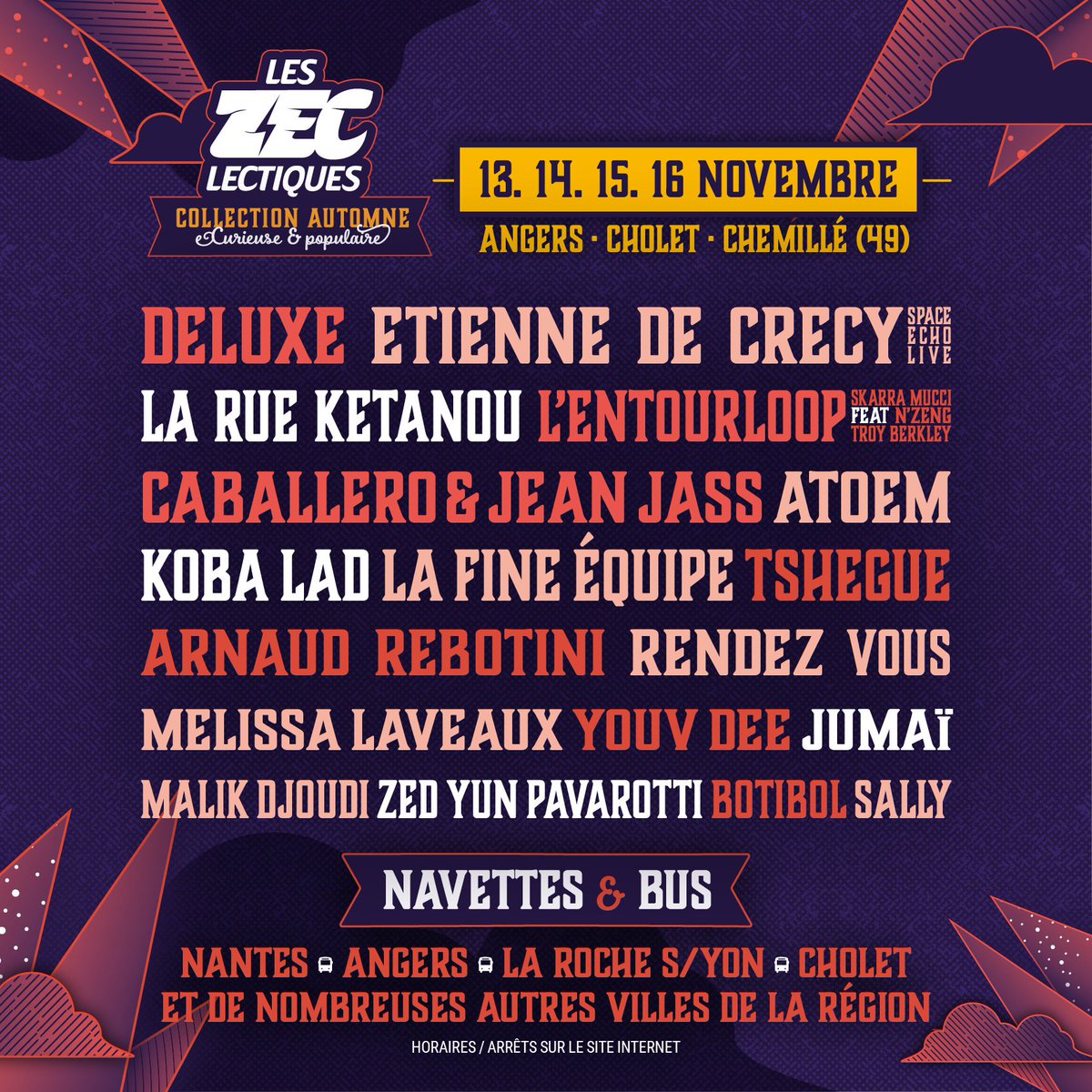 PROG COMPLÈTE ! 🍁

4 soirées, 18 artistes. Des groupes régionaux comme internationaux. Des têtes d'affiche et des découvertes. #leszeclectiques #automne #curieuse #populaire