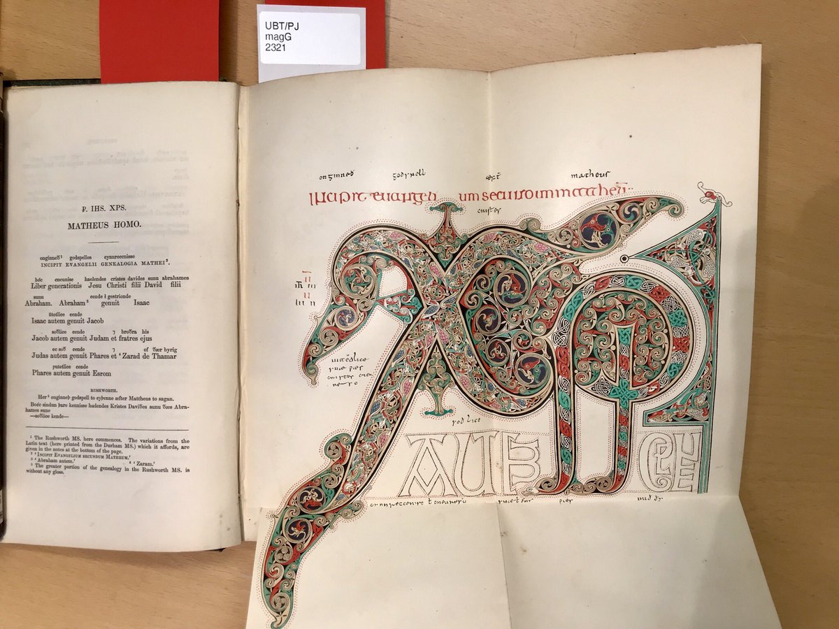 bookhistories's tweet photo. The first printed edition of The Lindisfarne Gospels, with a beautiful folding facsimile plate of the opening of the gospel according to St. Matthew (London 1854). From the library of Sir Archibald Davis Dawnay, now held by @ubtromso https://t.co/qj4XUFPX7o