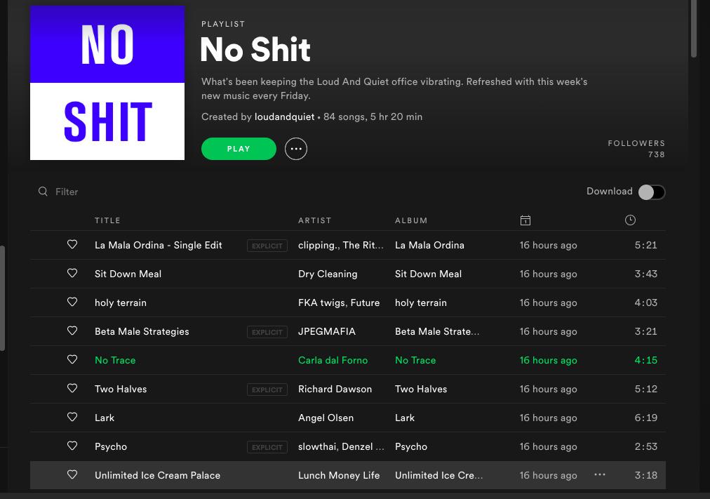 Just added a bumper, double-figures amount of new music to our No Shit playlist on <a href="/SpotifyUK/">Spotify UK & Ireland</a>. Inc: 
🍄 Clipping
🍄 Dry Cleaning 
🍄 FKA Twigs
🍄 Carla dal Forno
🍄 Richard Dawson
🍄 Lunch Money Life
🍄 JPEGMAFIA
🍄 Angel Olsen
Listen here, and follow > buff.ly/2ZYCk6X