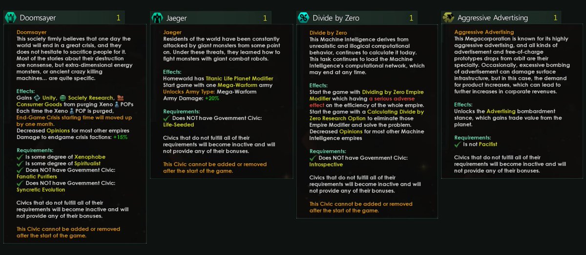 Stellaris Interested In Trying Some New Civics Jaegers Short Tempers Swindlers And Even Dividing By Zero If Flavor Is What You Re After The Absurd Civic Mod Is For You Check