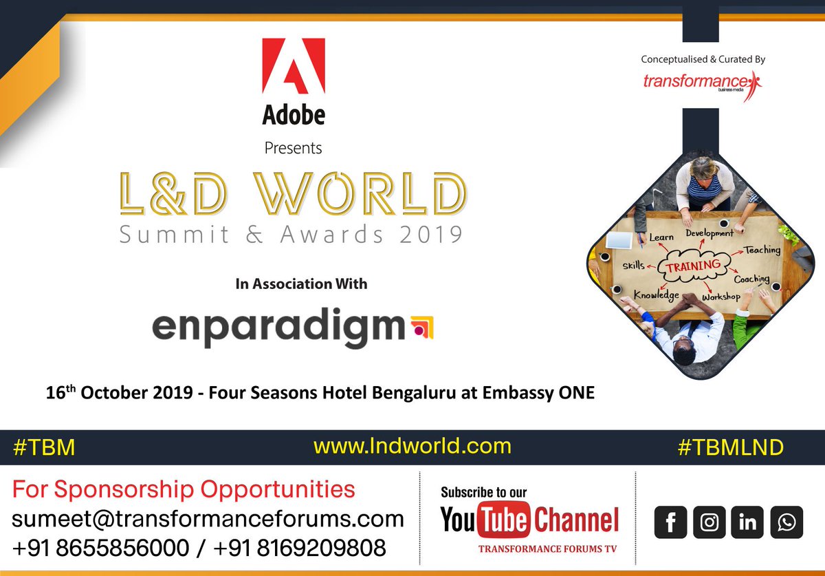 trfforums's tweet image. We&apos;re pleased to announce @enParadigm as our associate partner for L&amp;amp;D World Summit &amp;amp; Awards 2019
Registr lnkd.in/fqh3zhR
#learninganddevelopmentstrategy #learninganddevelopmenttrends #traininganddevelopment #learninganddeveopmenttechniques #learninganalytics #TBM #TBMLND