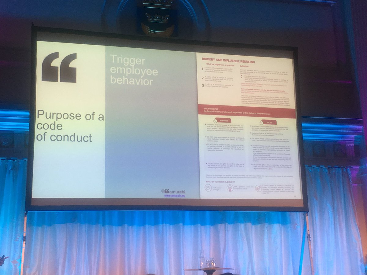 Effective code of conduct starts with purpose &amp; business reality to engage —> triggers the right behaviour. #ComplianceByDesign #LDS2019