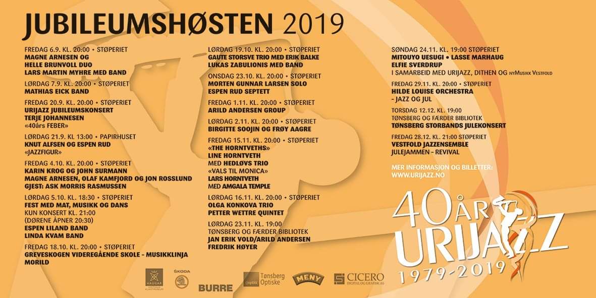 Urijazz fyller 40 år i år og det skal feires med mange flotte konserter i Støperiet i høst! Jubileumsprogrammet finner du på urijazz.no #jazz #urijazz #jazzklubb #tønsberg