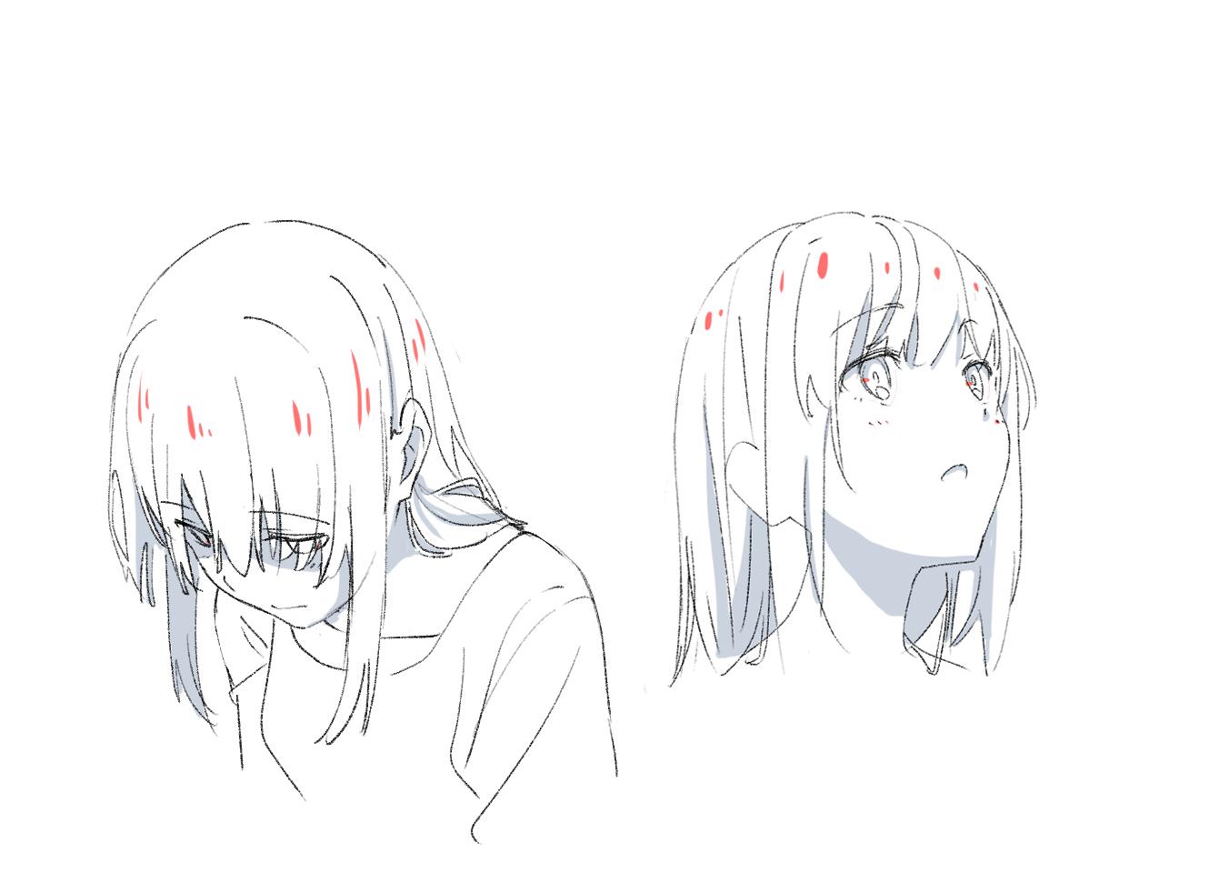 安野将人 ｱﾝﾉﾏｻﾄ 俯瞰と煽りの髪の毛例的なものを描いてみました 柔らかい髪であれば 俯瞰の時は前髪はおでことの間に空間ができ 煽りの時の前髪はおでこにくっついて見えるとそれっぽいかなと 例外は多々あります T Co Jqcn3uella