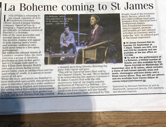 Great article about the upcoming <a href="/operaupclose/">OperaUpClose</a>  production of La Boheme in yesterday's <a href="/GuernseyPress/">Guernsey Press</a> . Only 11 days to go - we are getting excited 😃

Come and experience live Opera - done differently bit.ly/2k73Ifi
