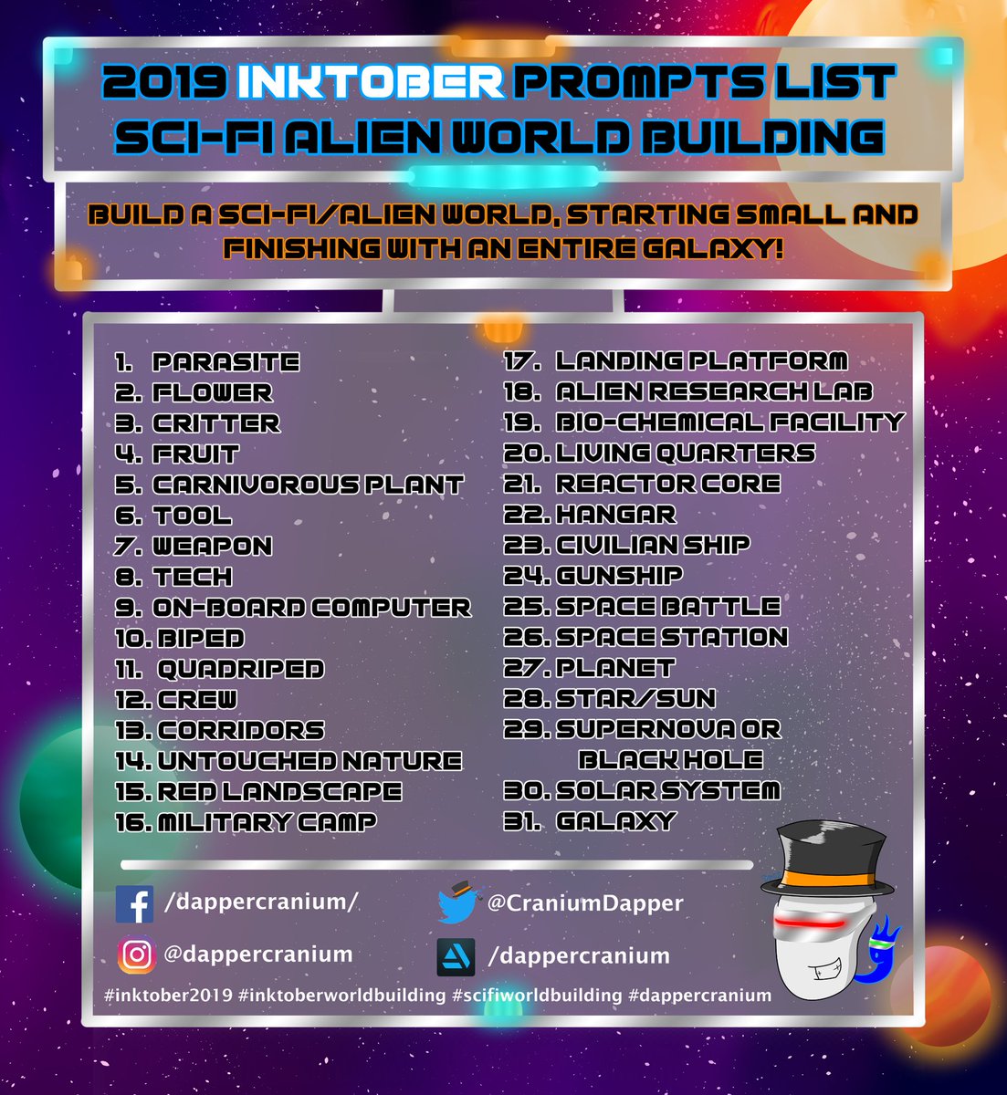 CraniumDapper's tweet photo. Doing my own Inktober prompts list this year 🤩 

🌌 Sci-fi Worldbuilding 🌌

If you want to use the same prompts list, use any of the hashtags in this post so I can check out your stuff 😁

#inktober2019 #inktoberworldbuilding #scifiworldbuilding #dappercranium https://t.co/NNS1NbUBhs