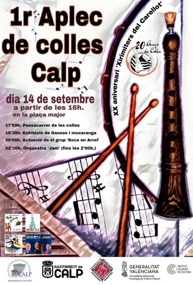 calp_ayto's tweet photo. 🥁🥁 No et perdes el dissabte 14 de setembre el 1r Aplec de Colles de #Calp a les 16h en la Plaça Major #Calpe #MarinaAlta #CostaBlanca #Alicante #Alcant #xirimiters #dolçaina cc @culturacalp https://t.co/KHBLcvHWHe