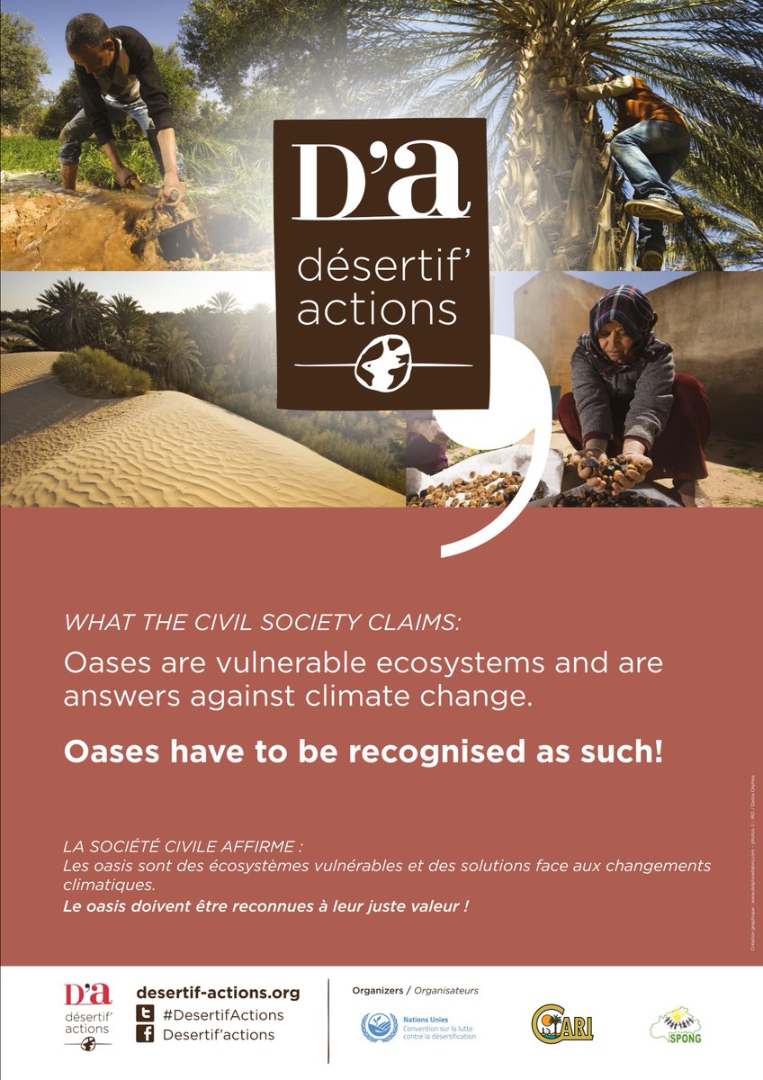 [#DésertifActions]
📢 La société civile affirme 📢 : 
" Les oasis sont des écosystèmes vulnérables et des solutions face aux #ChangementsClimatiques.
Les #oasis doivent être reconnues à leur juste valeur ! "

<a href="/UNCCDcso/">UNCCD Civil Society</a> <a href="/CARI_ONG/">CARI</a> #RADDO