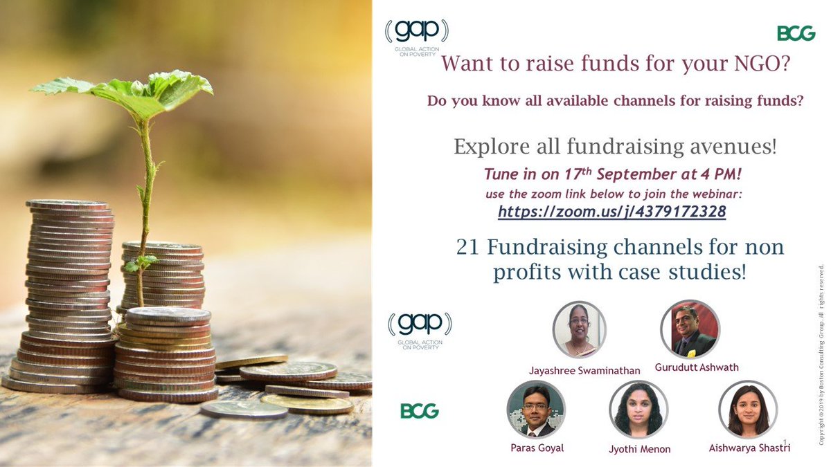 Join us for a webinar jointly hosted by Boston Consulting Group &amp; Global Action on Poverty, fundraising for Not for Profits.
Tune in on the 17th of September at 4:00PM!
Go to zoom.us,
Click on Join a meeting and then type in this Meeting Id - 4379172328
<a href="/spankaj4/">Pankaj Singh Thakur</a>