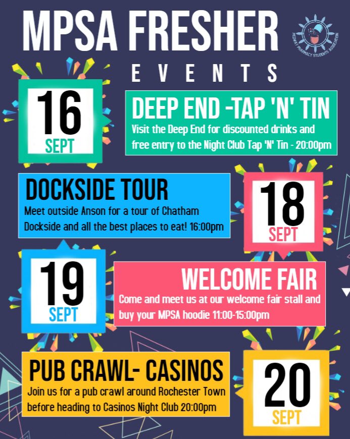MPSA_Pharmacy's tweet image. Sneak preview of what we have planned for you for Fresher’s week!😁 Looking forward to seeing you all Monday!!😊🙌🏻🎊 #msop #mpsa #freshers2k19