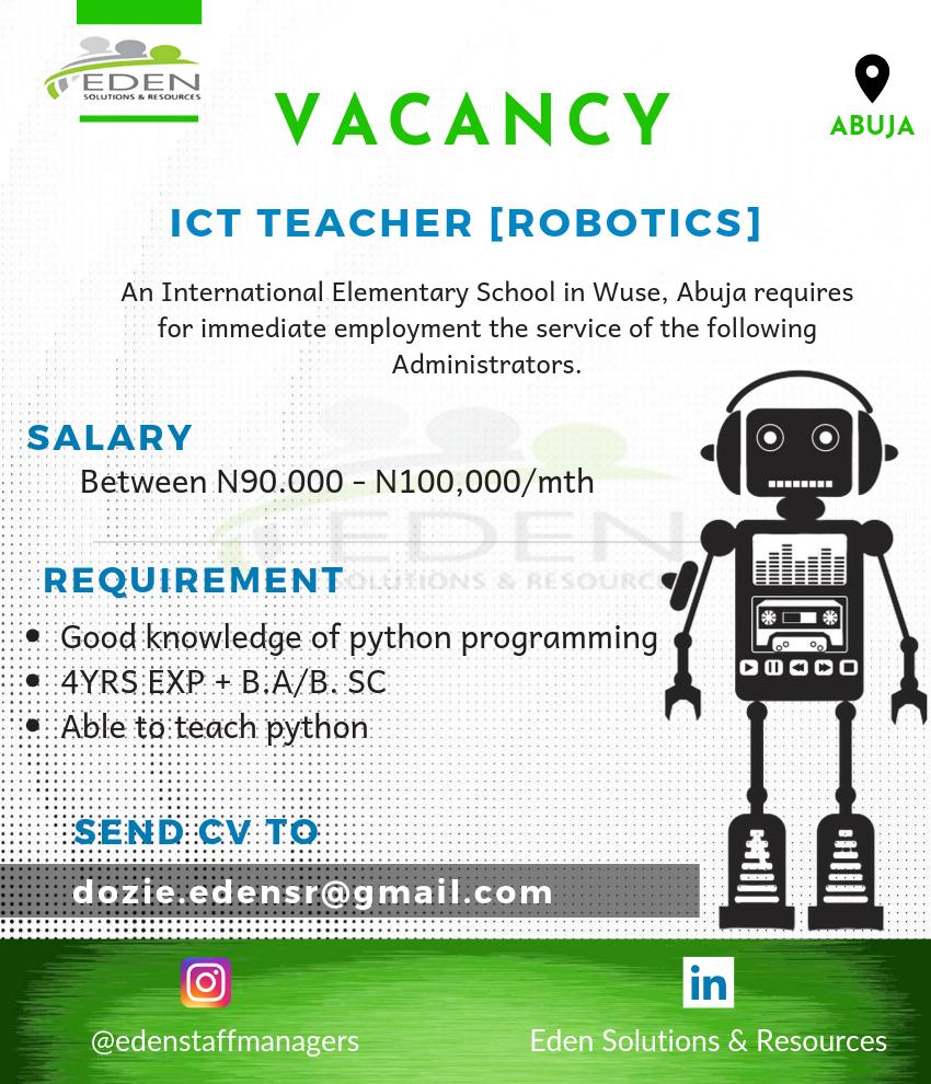 Send CVs to:
hr1eden@edensrpeople.com 
.
.
#vacancy #jobsearch #schoolteacher #pythonprogramming #roboticteacher #nigeria #Abuja