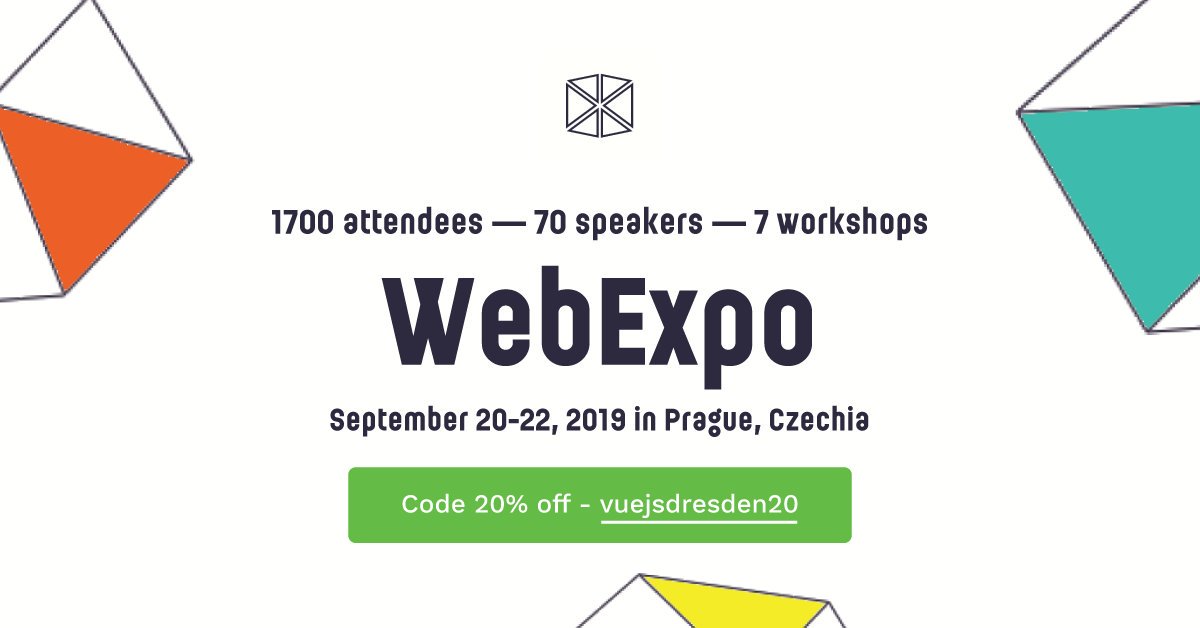 vuejsdresden's tweet image. We are partners of @WebExpo 2019. Don’t miss the chance to learn from World-Class experts such as Harry Roberts, Vitaly Friedman or John-David Dalton.
⭐ Talks: webexpo.net/prague2019/spe…
⭐ Workshops: webexpo.net/prague2019/wor…
⚠ Buy your ticket with our 20% off code vuejsdresden20
