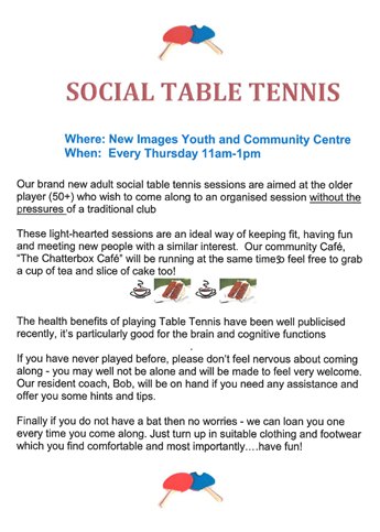 WOW, look what's happening in Cheshire West.. #Winsford

Why not give this new Social Table Tennis for 50+ club a go... #PhysicalActivity