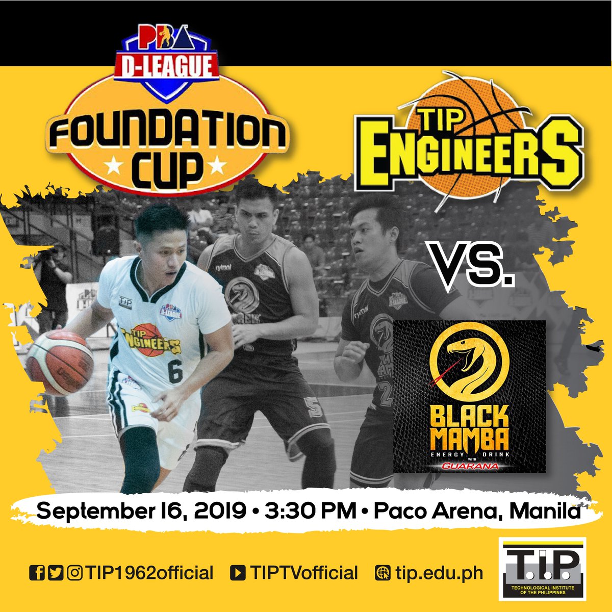 TIP1962official's tweet photo. Once again, let us show our support to the T.I.P. Engineers in their match against Black Mamba in the PBA D-League Playoff Quarterfinals!
The game will be held at the Paco Arena at 3:30 PM. You can also watch the game live here: https://t.co/zbyrbLFuA6.
#TIPpride
#TIPtribe https://t.co/9jOglr8Ydh