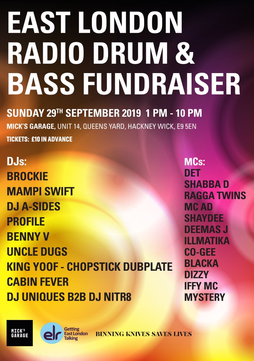 Head to <a href="/MicksGarageLdn/">Mick's Garage</a> on the 29th of Sep for some wonderful day time Drum &amp; Bass at the first <a href="/EastLondonRadio/">East London Radio</a> DnB Fundraiser 🎶

Some of the finest selectors &amp; hosts in the scene are performing including <a href="/djasides/">Jason Cambridge</a> @BennyVDC <a href="/MCAD1/">MC AD</a> <a href="/illmatika/">iLLMATIKA</a> +

Tckts 👇
skiddle.com/e/13590060