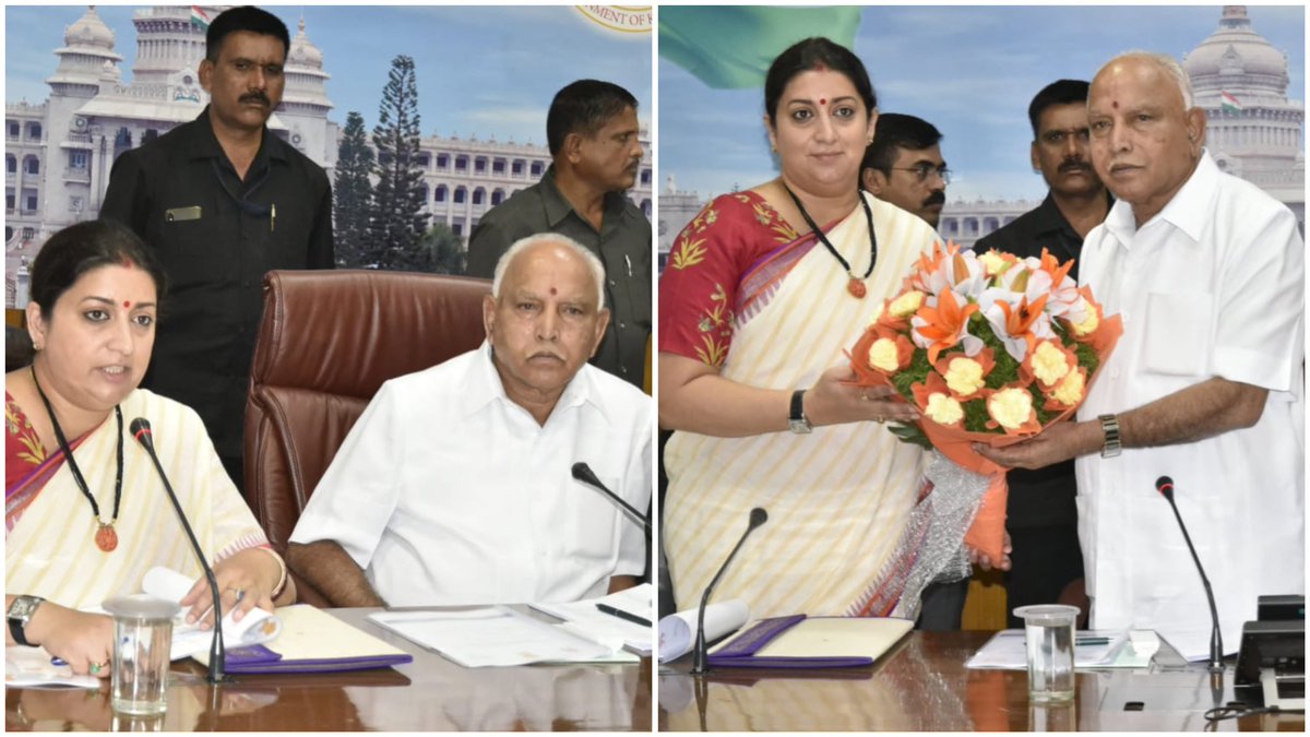 smritiirani's tweet photo. Met CM @BSYBJP ji in Bengaluru to discuss implementation of POSHAN Abhiyaan and deliberated on effective methods to tackle the menace of malnutrition &amp; transform Karnataka into a leading state in the fight against malnutrition among children &amp; women. https://t.co/JSUt1D23L8
