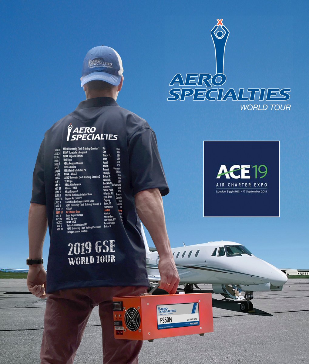 As the AERO World Tour continues..the next venue is the Air Charters Expo at Biggin Hill, London.

Check out the <a href="/aerospecialties/">AERO Specialties</a> booth in the static air park for all your aviation requirements and advice from the #1 GSE supplier on the planet!

#aerospecialties #ace19 #gse #no1
