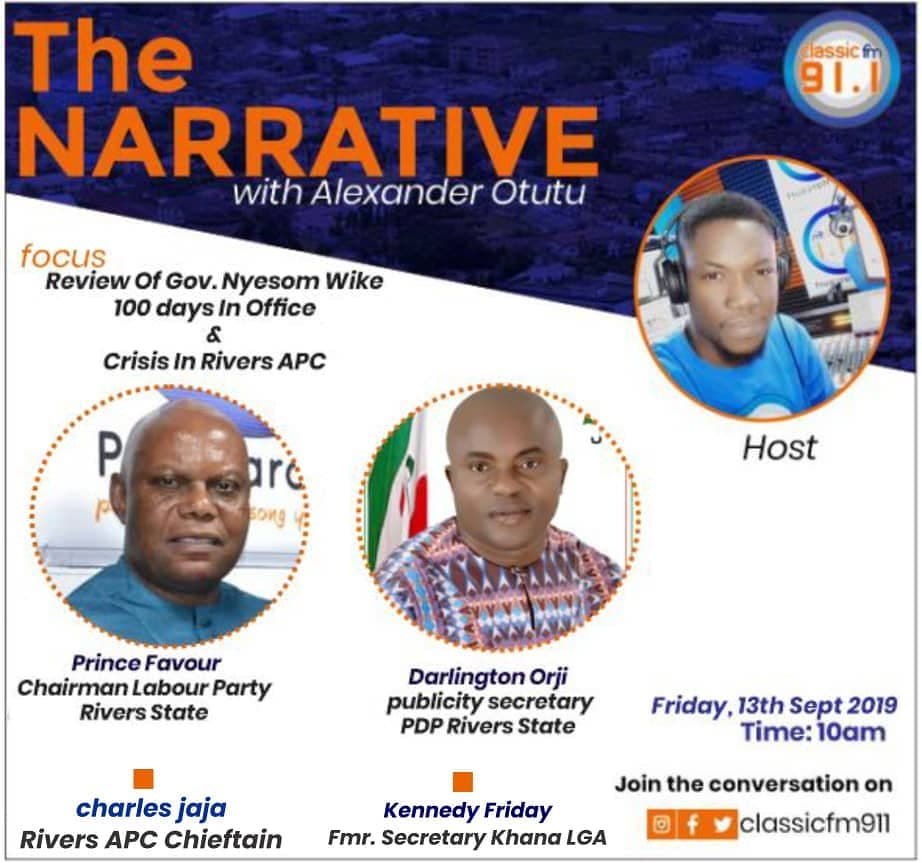 classicfm911's tweet photo. ✨#TheNarrative💫 W’ @alexotutu
#BigStoriesToday
***
1. #100DaysInOffice:- Review of Gov. Nyesom Wike's 100 Days in Office.
*
2. #RiversAPC:- Crisis In Rivers APC.
***
Let's have a conversation
📱Whatsapp: 0704-4994-911
💻Twitter: @Classicfm911 https://t.co/UiclDyyMaf