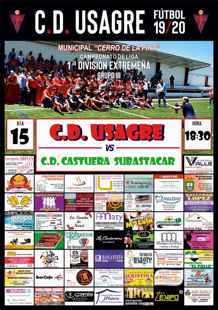 FÚTBOL - Jornada 3

CD Usagre  🆚  CD Castuera S.

📅 Domingo 15-9-19
⌚️ 18:30 horas
🏟 Estadio Municipal “Cerro de la Pina”
 📍Usagre

Ven y anima a tu equipo!!! 🔴⚫️
#VamosÚrsaros
#VamosCDU
