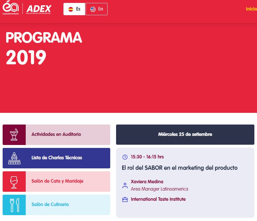 ¿Asistirá a la próxima <a href="/exp0alimentaria/">Expoalimentaria</a> ? Entonces no se pierda nuestra charla técnica enfocada en #SABOR. <a href="/ADEX_PERU/">Asociación de Exportadores</a> <a href="/Promperu/">PROMPERÚ</a> 
#InternationalTasteInstitute #tasteInstitute #AboutTaste #FoodNews