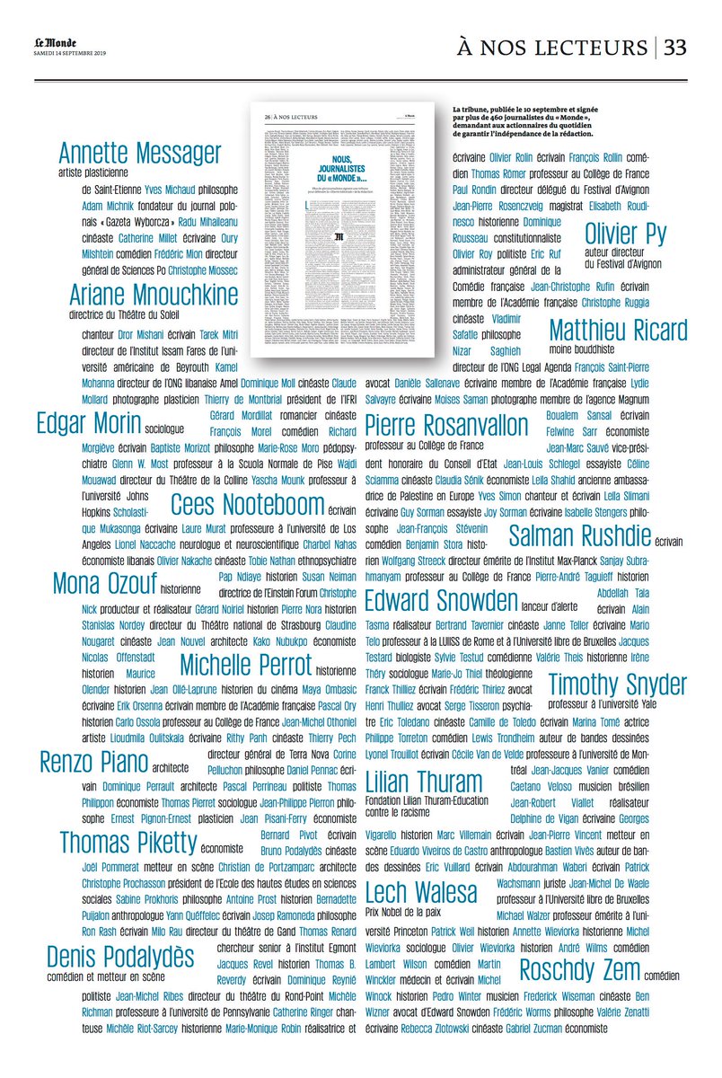 Lech Walesa, Kamel Daoud, Salman Rushdie, Isabelle Huppert, William Boyd, Rem Koolhaas, Mona Ozouf, Nancy Huston... 500 personnalités ont répondu à l'appel des journalistes du Monde, de Télérama, de Courrier international et de la Vie pour la défense de leur liberté éditoriale